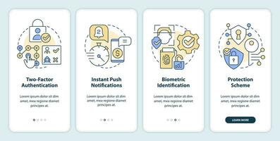 seguro en línea bancario caracteristicas inducción móvil aplicación pantalla. recorrido 4 4 pasos editable gráfico instrucciones con lineal conceptos. ui, ux, gui modelo vector