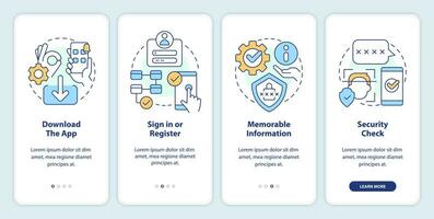 Setting up banking application guide onboarding mobile app screen. Walkthrough 4 steps editable graphic instructions with linear concepts. UI, UX, GUI template vector