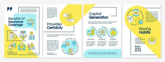 Advantages of insurance coverage blue and yellow brochure template. Leaflet design with linear icons. Editable 4 vector layouts for presentation, annual reports