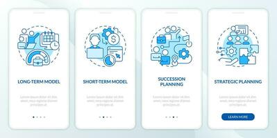 IT staffing models blue onboarding mobile app screen. Hiring walkthrough 4 steps editable graphic instructions with linear concepts. UI, UX, GUI template vector