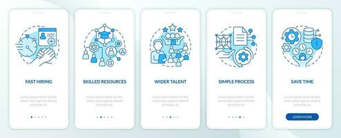 IT staffing service advantages blue onboarding mobile app screen. Walkthrough 5 steps editable graphic instructions with linear concepts. UI, UX, GUI template vector