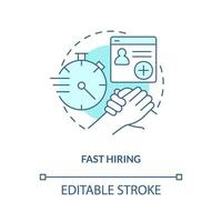 Fast hiring turquoise concept icon. Recruitment agency. IT staffing service advantage abstract idea thin line illustration. Isolated outline drawing. Editable stroke vector