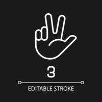 Signing digit three in ASL pixel perfect white linear icon for dark theme. Nonverbal communication system. Thin line illustration. Isolated symbol for night mode. Editable stroke vector