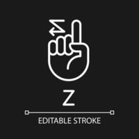 Signing letter Z in ASL pixel perfect white linear icon for dark theme. American nonverbal language. Thin line illustration. Isolated symbol for night mode. Editable stroke vector