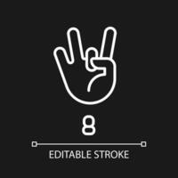 Digit eight sign in ASL pixel perfect white linear icon for dark theme. Gesture language. Communication. Thin line illustration. Isolated symbol for night mode. Editable stroke vector