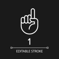 Digit one in ASL pixel perfect white linear icon for dark theme. Nonverbal communication. Gesture language. Thin line illustration. Isolated symbol for night mode. Editable stroke vector