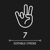 Digit seven sign in ASL pixel perfect white linear icon for dark theme. Number visual modality. Communication. Thin line illustration. Isolated symbol for night mode. Editable stroke vector