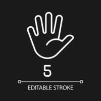 Digit five in American sign language pixel perfect white linear icon for dark theme. Communication system. Thin line illustration. Isolated symbol for night mode. Editable stroke vector