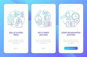 Ways of selling NFTs blue gradient onboarding mobile app screen. Business walkthrough 3 steps graphic instructions with linear concepts. UI, UX, GUI template vector