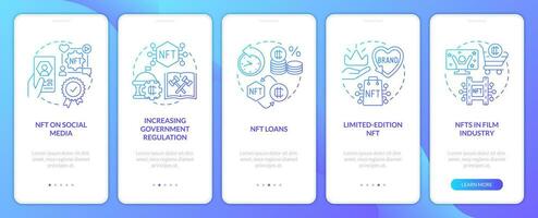 Promising NFT trends blue gradient onboarding mobile app screen. Blockchain walkthrough 5 steps graphic instructions with linear concepts. UI, UX, GUI template vector