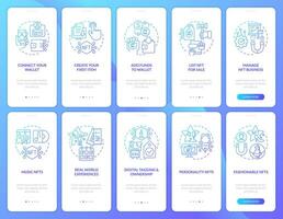 NFTs minting and trends blue gradient onboarding mobile app screen set. Walkthrough 5 steps graphic instructions with linear concepts. UI, UX, GUI template vector