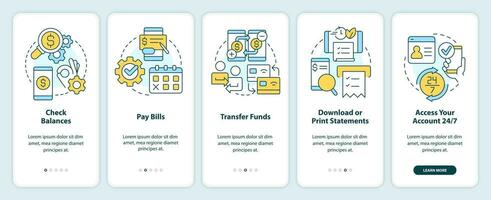 en línea bancario beneficios inducción móvil aplicación pantalla. digital billetera recorrido 5 5 pasos editable gráfico instrucciones con lineal conceptos. ui, ux, gui modelo vector