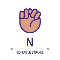 Letter N sign in ASL pixel perfect RGB color icon. Communication system. Visual modality. Isolated vector illustration. Simple filled line drawing. Editable stroke