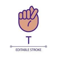 Letter T sign in ASL pixel perfect RGB color icon. Words building. Communication modality. Isolated vector illustration. Simple filled line drawing. Editable stroke