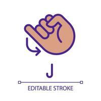 Letter J sign in ASL pixel perfect RGB color icon. System of nonverbal communication. Words visualization. Isolated vector illustration. Simple filled line drawing. Editable stroke