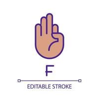 Letter F in American sign language pixel perfect RGB color icon. Nonverbal communication. Isolated vector illustration. Simple filled line drawing. Editable stroke