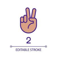 Signing digit two in ASL pixel perfect RGB color icon. Nonverbal communication. Gesture language. Isolated vector illustration. Simple filled line drawing. Editable stroke