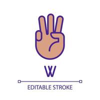 Letter W in American sign language pixel perfect RGB color icon. Nonverbal communication. Gestures system. Isolated vector illustration. Simple filled line drawing. Editable stroke