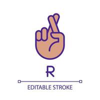 Letter R in American sign language pixel perfect RGB color icon. Connecting gestures. Communication. Isolated vector illustration. Simple filled line drawing. Editable stroke