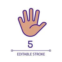 Digit five in American sign language pixel perfect RGB color icon. Communication system. Gesture. Isolated vector illustration. Simple filled line drawing. Editable stroke