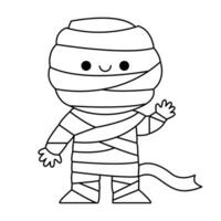 Vector black and white kawaii mummy. Cute smiling Halloween line character for kids. Funny autumn all saints day cartoon illustration with boy waving his hand. Samhain party coloring page