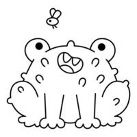 Vector black and white kawaii toad with fly. Cute smiling Halloween line character for kids. Funny autumn all saints day cartoon animal illustration. Samhain party frog icon or coloring page