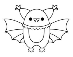 Vector black and white kawaii bat. Cute smiling Halloween line character for kids. Funny autumn all saints day cartoon animal with spread wings illustration. Samhain party icon or coloring page