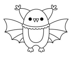 Vector black and white kawaii bat. Cute smiling Halloween line character for kids. Funny autumn all saints day cartoon animal with spread wings illustration. Samhain party icon or coloring page