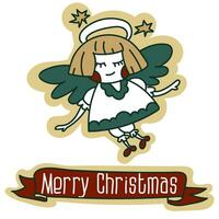 A Christmas card with a cute angel with a halo, wings and stars, a cartoon Christmas vector illustration. A postcard for the holiday in retro style. Cartoon object