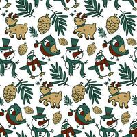 Seamless Christmas pattern with festive elements and green outline. Children's texture of the winter holiday Christmas, New Year. Printing on textile and paper design in retro style. Packaging vector