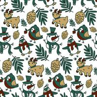 Seamless Christmas pattern with festive elements and green outline. Children's texture of the winter holiday Christmas, New Year. Printing on textile and paper design in retro style. Packaging vector