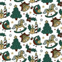 Seamless Christmas pattern with festive elements and green outline. Festive texture of the winter holiday Christmas and New Year. Printing on textile and paper design in retro style. Packaging vector