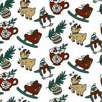 Seamless Christmas pattern with festive elements and green outline. Christmas texture of the winter holiday New Year. Printing on textile and paper design in retro style. Packaging, postcards vector