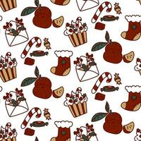 Seamless Christmas pattern with festive elements and a red outline. Children's texture of the winter holiday Christmas, New Year. Printing on textile and paper design in retro style. Packaging vector