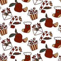 Seamless Christmas pattern with festive elements and a red outline. Children's texture of the winter holiday Christmas, New Year. Printing on textile and paper design in retro style. Packaging vector