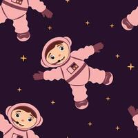 Seamless pattern with a cute astronaut in an open space cartoon style.  Space travel. Cosmic children's background. Vector illustration.