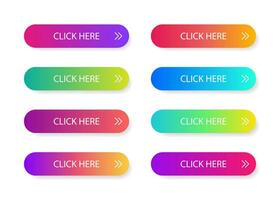 Different gradient colors and icons on white forms with shadows. Set of vector modern material style buttons.