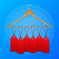 Lots of labels on a clothes hanger on blue background. Vector illustration.