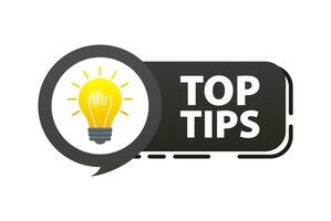 Top tips label with light bulb. Helpful tricks, tooltip vector