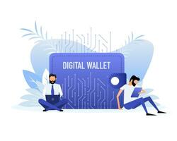 Flat illustration with digital wallet people.Bitcoin currency vector