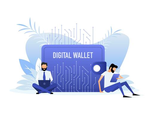 Flat illustration with digital wallet people.Bitcoin currency