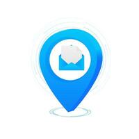 Flat pin messenger. 3d gps pin vector render illustration. Global social network. World map