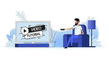 Man sits on the couch, they switch the channel on the TV. Video tutorial icon vector