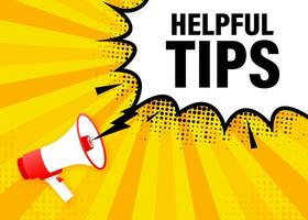 Top tips megaphone yellow banner in 3D style. Vector illustration.