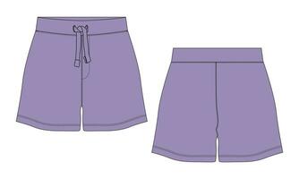 Shorts pant technical drawing fashion flat sketch template front and back views. Apparel jogger shorts vector illustration mock up for kids and boys