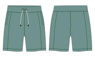 Shorts pant technical drawing fashion flat sketch template front and back views. Apparel jogger shorts vector illustration mock up for kids and boys