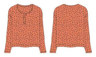 Long sleeve blouse with all over print vector illustration template for ladies front and back views