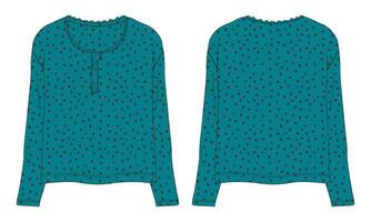 Long sleeve blouse with all over print vector illustration template for ladies front and back views