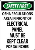 Safety First Sign Osha Regulations - Area In Front Of Electrical Panel Must Be Kept Clear For 36 Inches vector