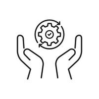 hand holding gear like optimize system icon. linear trend modern simple digital perform logotype graphic stroke design web element isolated on white. concept of workflow symbol or efficient pictogram vector